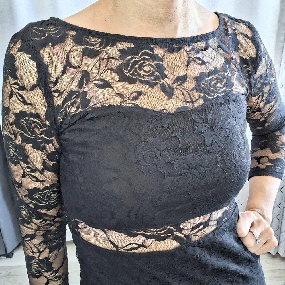 32 Jump Apparel Black Long Sleeve Lace Overlay Mini Dress with Sheer Waist Panel